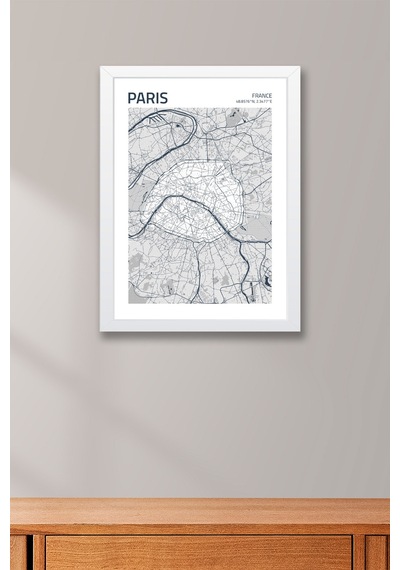Paris Fransa France Haritası Çerçeveli Tablo Lüks Salon Ofis Duvar Dekorasyonu Hediyelik Tablo Beyaz