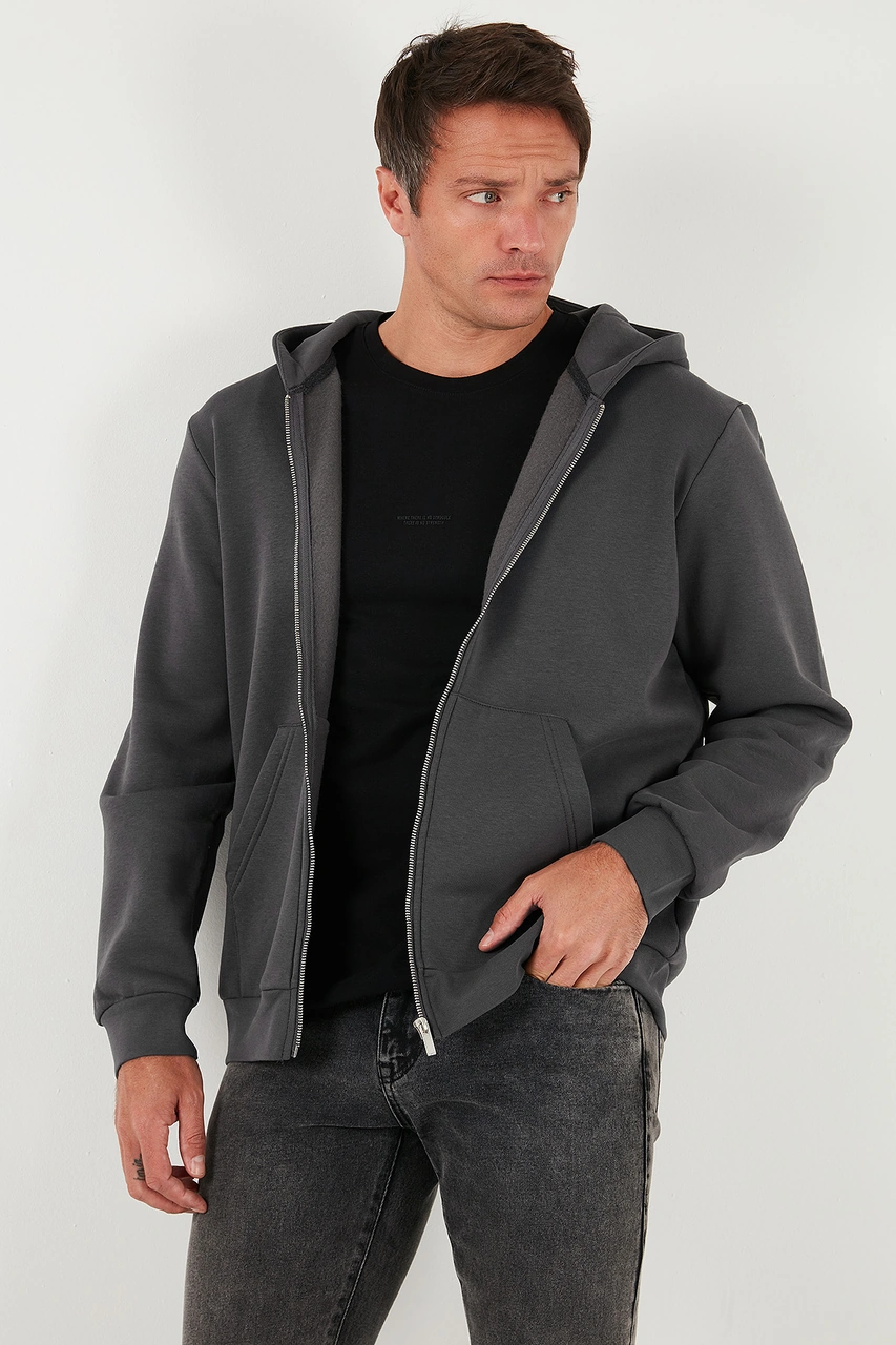 Buratti Regular Fit Kapüşonlu Fermuarlı Içi Tüylü Yumuşak Şardonlu Kışlık Erkek Sweat 5905340 Antrasit