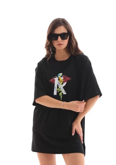 Modi Unisex Bisiklet Yaka Baskılı Oversize T-shirt - Siyah - Mymg112563