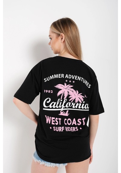 Startmore Kadın Beyaz Oversize California Baskılı T-shirt Siyah
