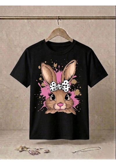 Sevimli Tavşan Figür Baskılı Kompakt T-shirt Siyah