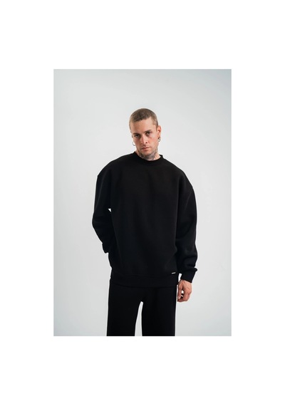 Erkek Uzun Kol Bisiklet Yaka 3 İplik Pamuklu Kışlık Sweatshirt - Siyah