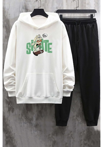 Uyguntarz Unisex All Day Rabbit Baskılı Eşofman Takımı Beyaz