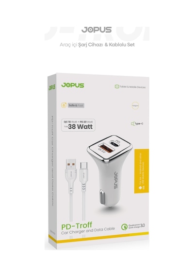 Jopus Type-C Kablolu Araç Şarj Aleti Çakmaklık Seti - Type-C + USB Girişli 38W JO-A7