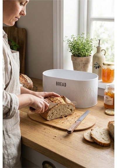 Makri Home Ekmeklik, Metal Ekmek Kutusu, Bambu Kapaklı Beyaz Ekmek Sepeti, 34 X 19 X 16 Cm Beyaz