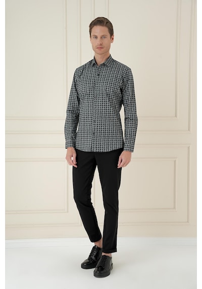Efor Slim Fit Kazayağı Desenli %100 Pamuk Casual Gri Gömlek G 1585 Gri