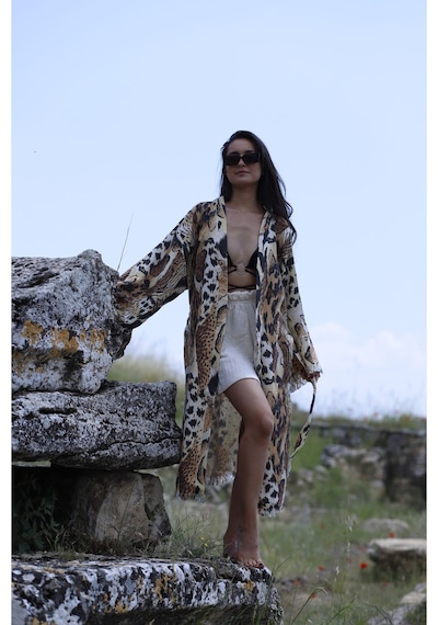 Befera Müslin Kimono Pamuklu Dijital Leopar Baskılı Bornoz Kaftan Sabahlık Kahverengi