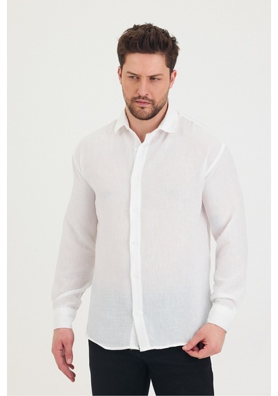 Cool Tarz Erkek Slim Fit Dar Kalıp Uzun Kol Pamuklu Keten Efekt Gömlek Beyaz Beyaz