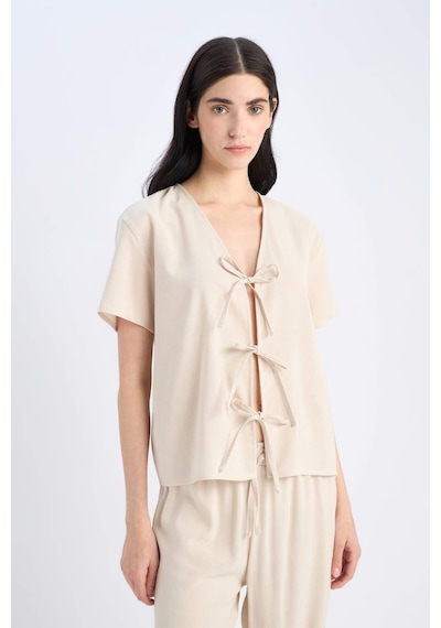 DeFacto Pijama Takımı Keten Kısa Kollu Üst Esnek Belli Alt-Fall in Love E3571AX25SPBG778