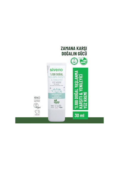 Siveno Doğal Yüz Kremi Hyaluronik Asit Aydınlatıcı Yenileyici Canlandırıcı 30 ML