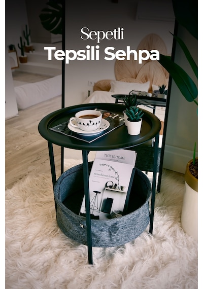 Sepetli Tepsili Sehpa Siyah