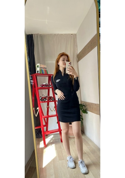 Yarım Balıkçı Kaşkorse Mini Uzun Kollu Elbise Siyah