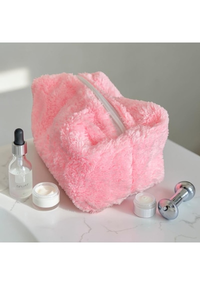 Neon Pembe Peluş Yumuşak Makyaj Çantası Çok Amaçlı Çanta