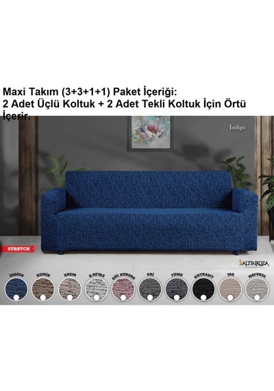 Altınkoza Still Jakarlı Streç Maxi Takım Koltuk Örtüsü Eko-indigo Mavi