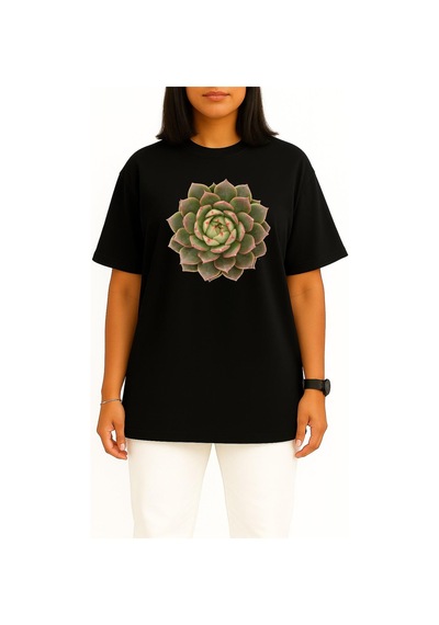 Bahriyeli Collection Oversize Echeveria Etli Bitki Cactaceae Houseleek Göğüs Tasarımlı Unisex T-shirt Siyah