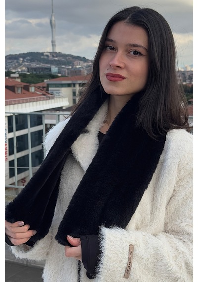 Mollycrush Kadın Siyah Peluş Atkı Kışlık Şık Suni Kürklü Siyah