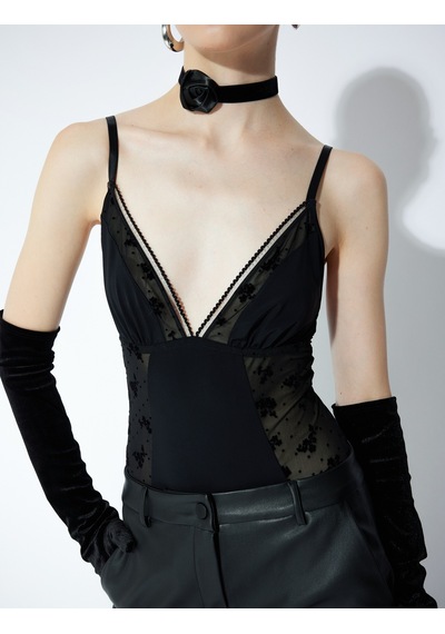 Koton Askılı Tül Detaylı Bodysuit Siyah 5wlk00013mk