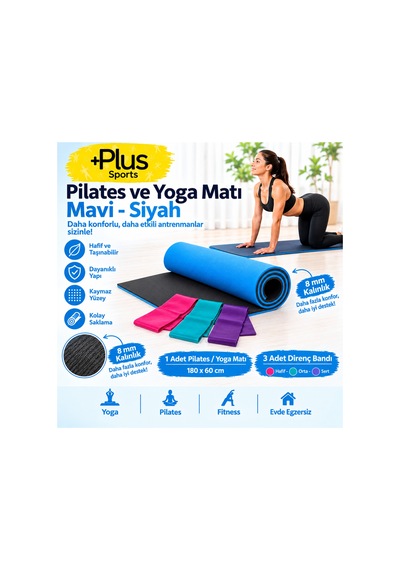 10 Mm Çift Taraflı Pilates Matı Yoga Matı Spor Minderi Ve 3'lü Direnç Bandları Hafif - Orta - Sert Mavi Mavi