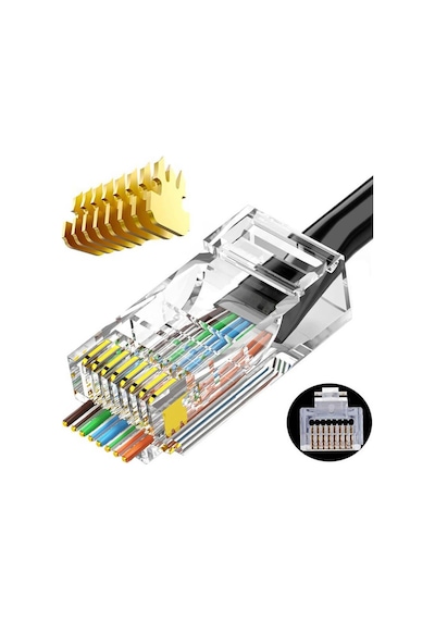 Koodmax - 100 Adet - 50u" 50 Micron Gold Plated Cat6 Ez Rj45 Delikli Konnektör Yeni Nesil Jack Uç