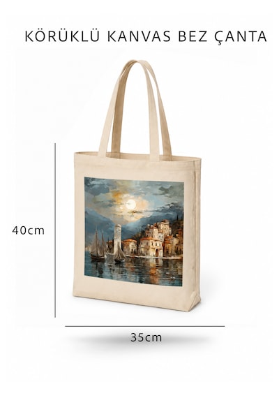 Lunora Collection Yelkenli Baskılı Körüklü Kanvas Bez Çanta Ham Renk
