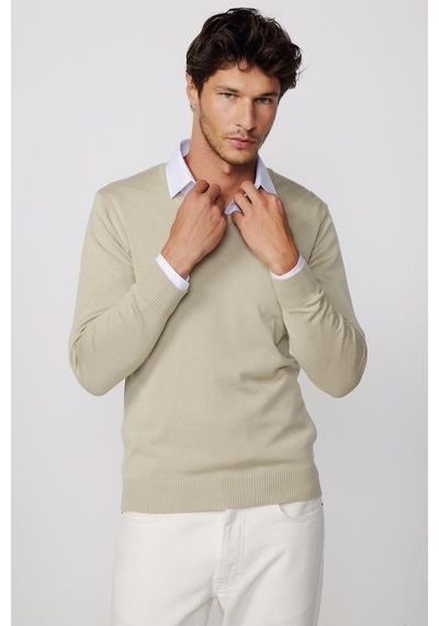 Tudors Slim Fit V Yaka Pamuklu Taş Rengi Erkek Kazak-25877-taş Taş