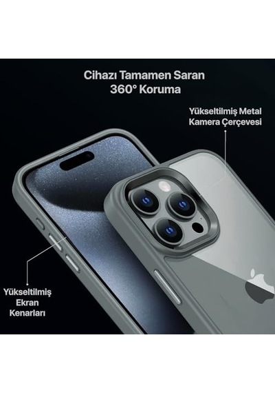 Tr İphone 15 Pro Max İçin Hybrid Serisi Arkası Kristal Şeffaf Polikarbonat Kenarları Silikon Kamera Lens Çerçevesi Diğer