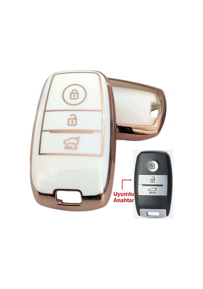 Kia Sportage Sorento Ceed Cerato Optimo Uyumlu Smart Kumanda Anahtar Kılıfı Oto Anahtarlık Beyaz Gold