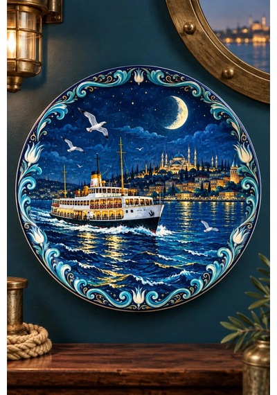Dekoratif Duvar Tabağı Ay Işığında İstanbul Dekorlu Seramik Tabak Kahverengi