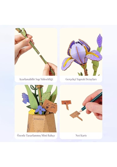Rowood Tw121 Süsen Çiçeği Purple Iris Dıy Minyatür Maket Model Seti Ahşap 3d Wooden Puzzle Model Kit Ahşap Maket Dekoratif Hobi Seti