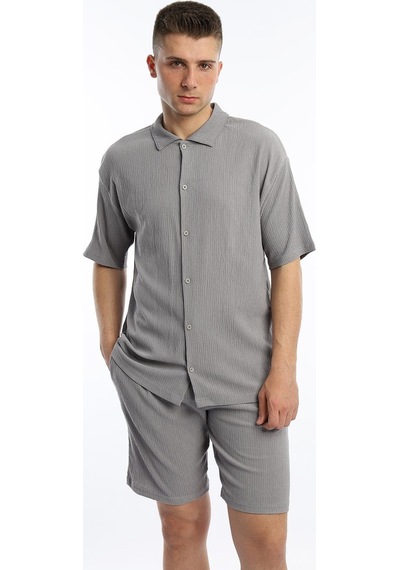 Polo State Erkek Crinkle Kumaş Gömlek - Şort Takım - Gri
