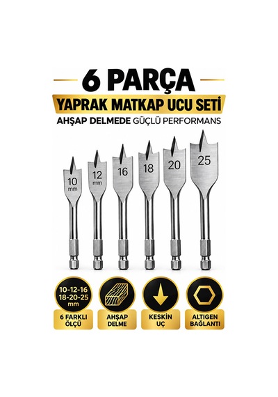 6 Parça Yaprak Matkap Ucu Seti 10-25 Mm Ahşap Delme Uçları