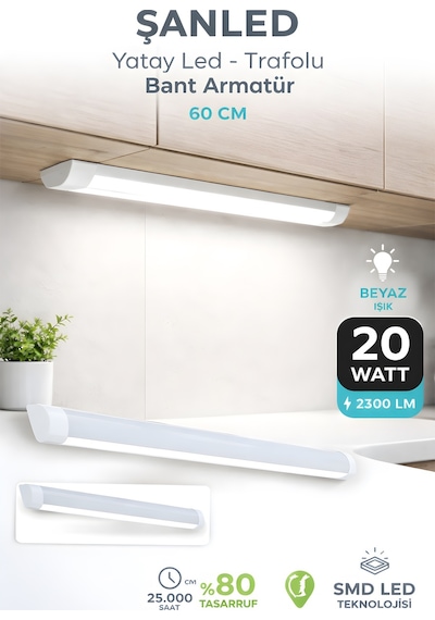 60 Cm 20 Watt Yatay Led Bant Armatür-trafolu Beyaz Işık-2 Adettir Beyaz