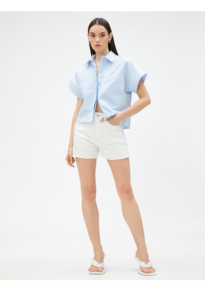 Koton Crop Poplin Gömlek Kısa Kollu Pamuklu Mavi 3sak60018pw Mavi