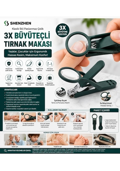 Shenzhen Klasik Stil Paslanmaz Çelik Tırnak Makası, 3x Büyüteç, Yaşlılar Ve Çocuklar İçin İdeal