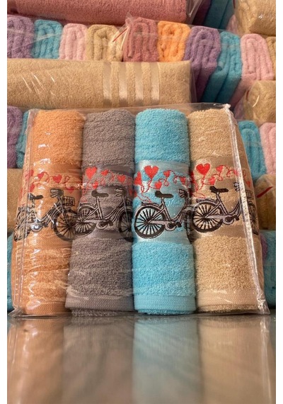 Happy Bicycle 4lü Nakışlı Çeyizlik Havlu Takımı Çok Renkli