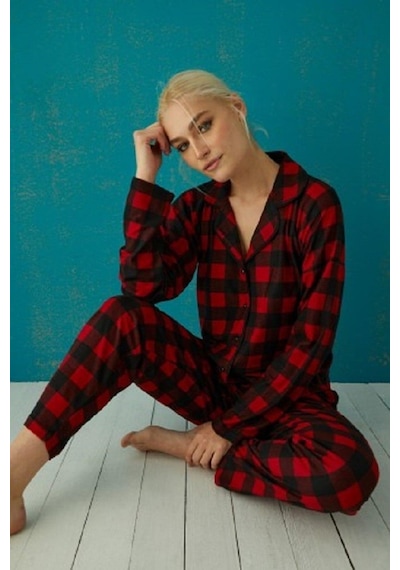 Pijamoni Kadın Süet Boydan Düğmeli Pijama Takımı - 5660-1 Kırmızı