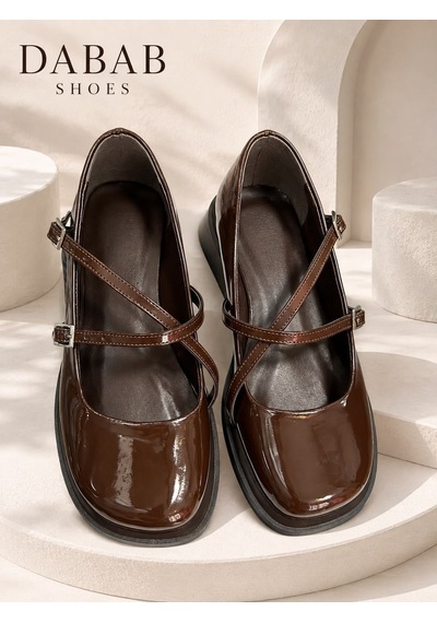 Dabab Shoes Marsel Kadın Acı Kahve Rugan Çapraz Bantlı Tokalı 2 Cm Kalın Taban Mary Jane Ayakkabı Kahverengi