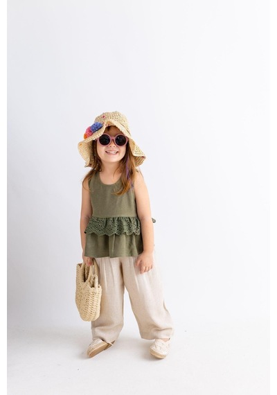 Oliventhekid Beli Tamtur Dantelli Kolsuz Keten Kız Çocuk Bluz Haki Haki