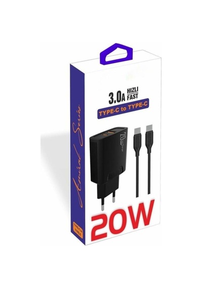 Pdateknoloji 20 Watt Usb + Type-c Çıkışlı Hızlı Şarj Başlık Adaptör + 1m 3a Type-c To Type-c Kablo Yerli Üretim Kdr-42 Siyah 1 Adet