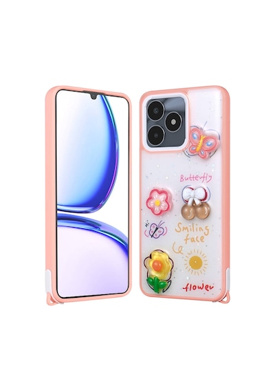 Zore Realme C53 Kılıf Parlayan Simli Kabartma Figürlü Ogaa Cevze Kapak - Pembe