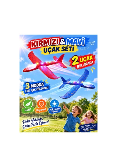 2 Li Led Işıklı Köpük Uçak Seti Kırmızı & Mavi Hafif Dayanıklı Fırlatma Uçağı Açık Hava Oyuncağı - 921732546