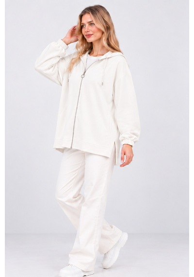 Fiolin Kristal 2 İplik Salaş Fermuarlı Sweatshirt Ekru
