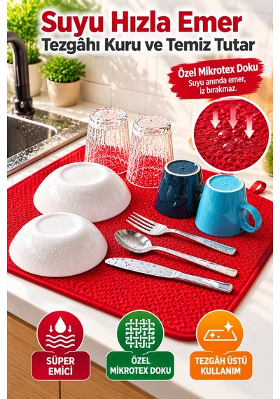 Kırmızı Bez Mikrotex Bulaşık Kurutma Matı 45x36 Cm Süper Emici Katlanabilir Tezgah Üstü Kurutma Matı