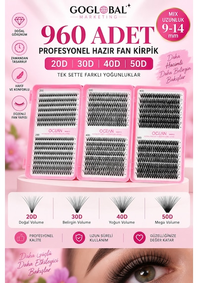 960 Adet Hazır Fan Takma Kirpik Seti 20d 30d 40d 50d Mix 9-14 Mm Bond Seal Cımbız Fırça