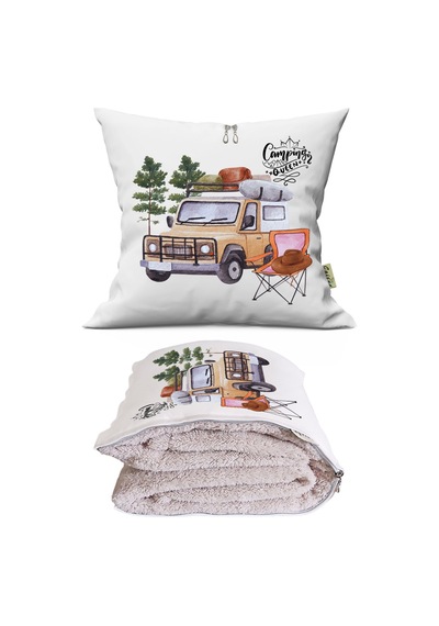 Camping Queen Baskılı Dekoratif Yastık Kırlent Opsiyonel Battaniye 2 İn 1 Çok Renkli