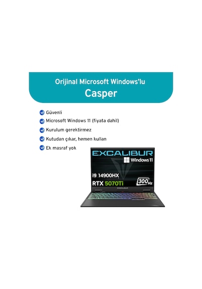 Casper Excalibur Gaming G920 G920.1490-CFP0H-E i9-1490HX 24 GB 1 TB SSD RTX5070Ti 16" W11P Dizüstü Bilgisayar