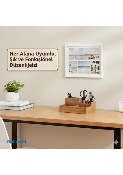 Ahşap Masa Üstü Organizer, Kalem Ve Makas Tutucu, Kahverengi Meşe, Ofis Masası Düzenleyici, Çok Bölmeli Beyaz - Çok Renkli