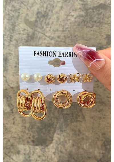 Chavin 5 Çift Gold Halka Kelebek Bayan Küpe Seti Ev23sr Gold
