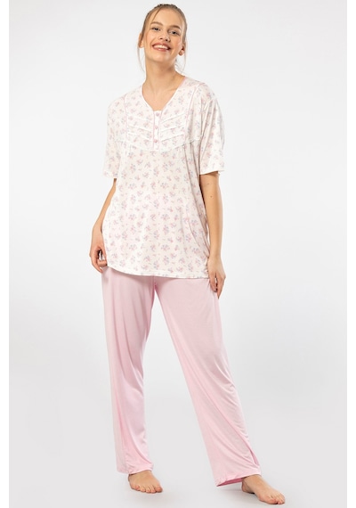 Türen 3369 Kadın Büyük Beden Kısa Kollu Pijama Takım-pembe Pembe