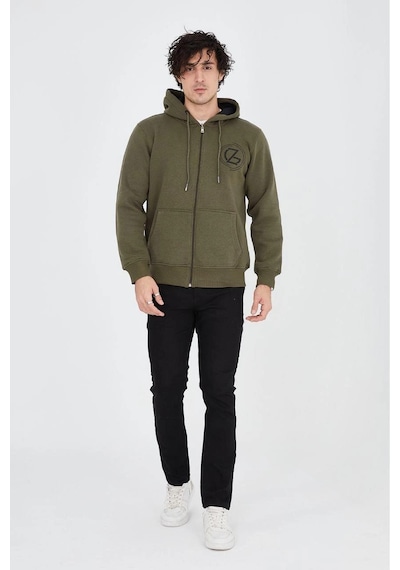 Erkek 3 İplik Pamuklu Fermuarlı Kapüşonlu Kanguru Cepli Baskılı Hoodie - Yeşil YESIL